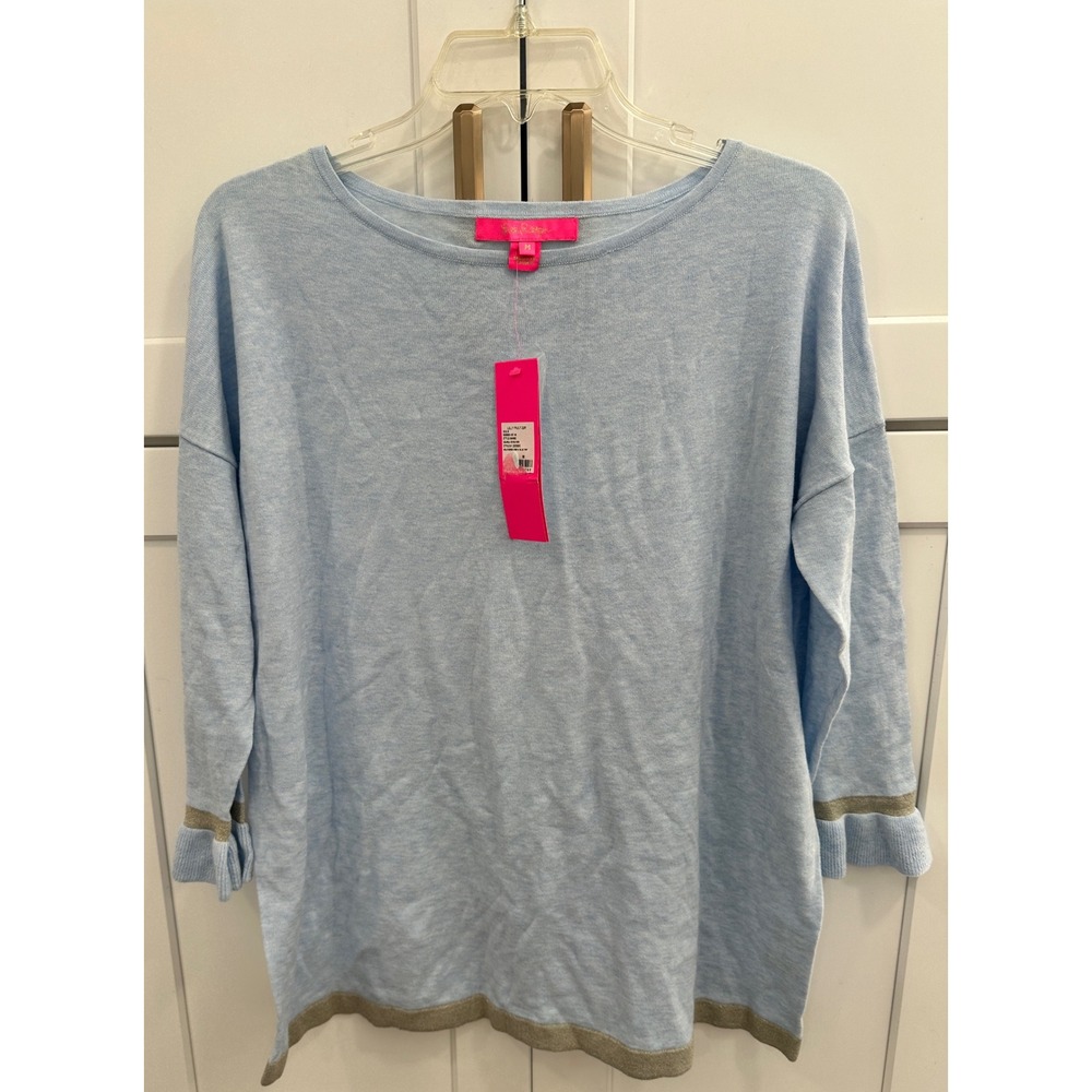 Lilly Pulitzer Charla Sweater Blue Heathered Coolmax Metallic Ruffle Cuff M NEW